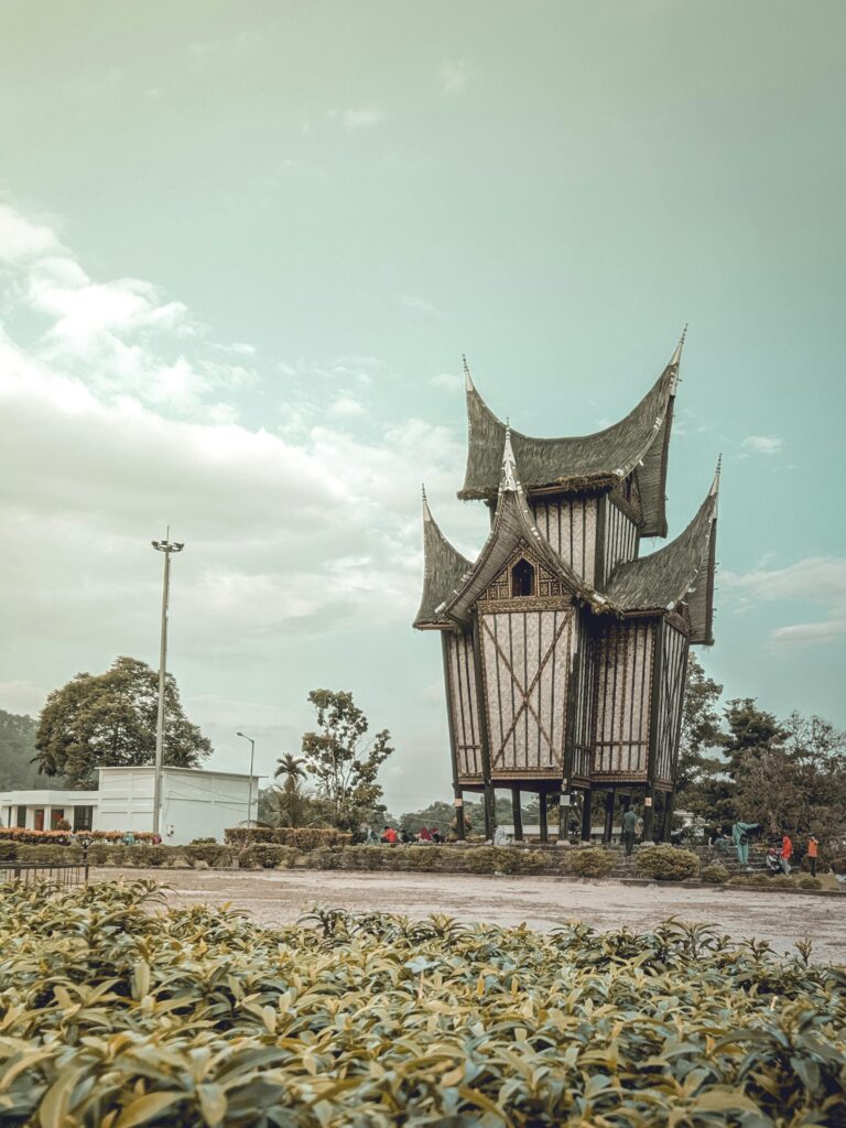 Explore the iconic Minangkabau rice barn with its distinctive roof in Tanjung Emas, Indonesia.